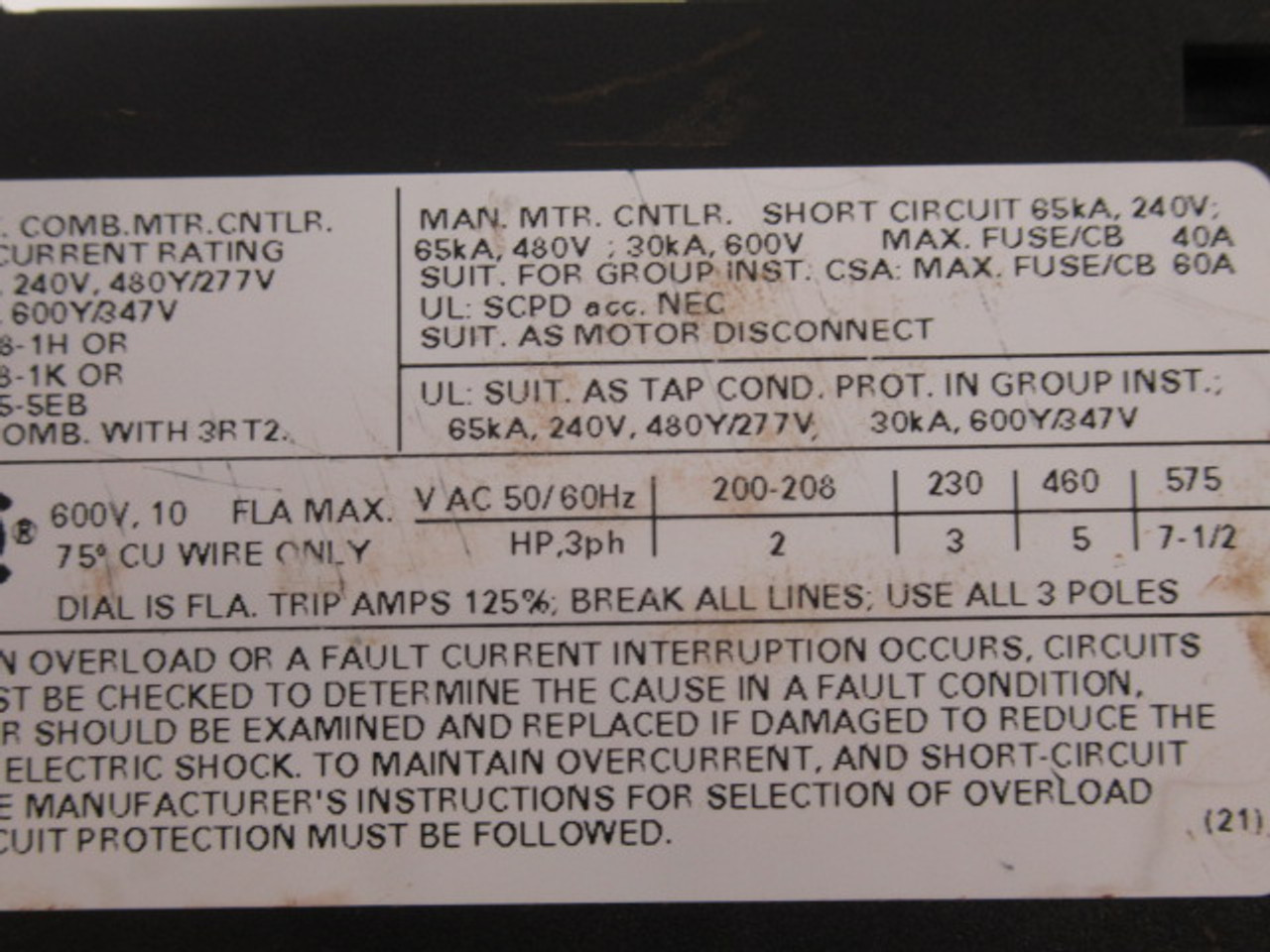 Siemens 3RV2011-1JA10 Circuit Breaker 600V 7-10A 3P USED