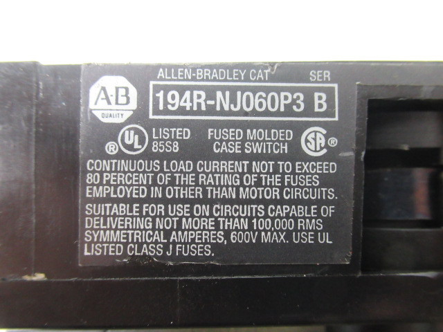 Allen-Bradley 194R-NJ060P3 Disconnect Rotary Switch Ser B 60A No Handle USED