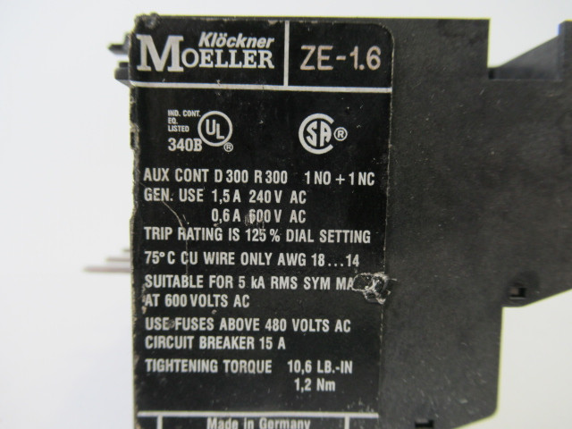 Klockner-Moeller ZE-1.6 Thermal Overload Relay 1.0-1.6 Amps 600VAC USED