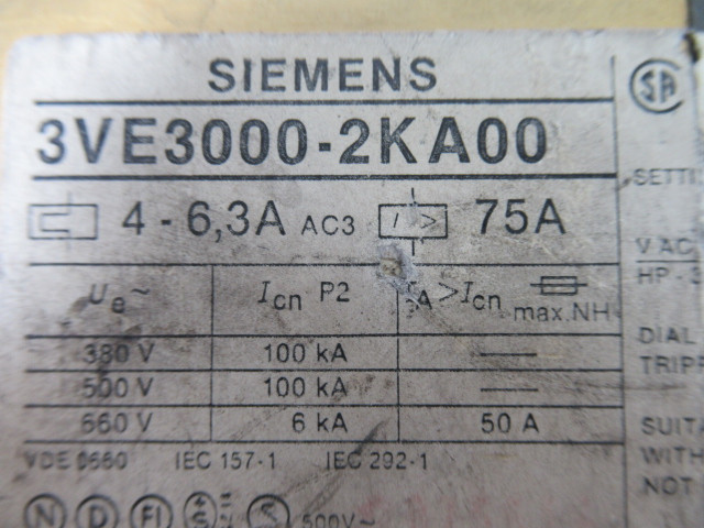 Siemens 3VE3000-2KA00 Motor Starter Protector 28A 600VAC Range 4-6.3A USED