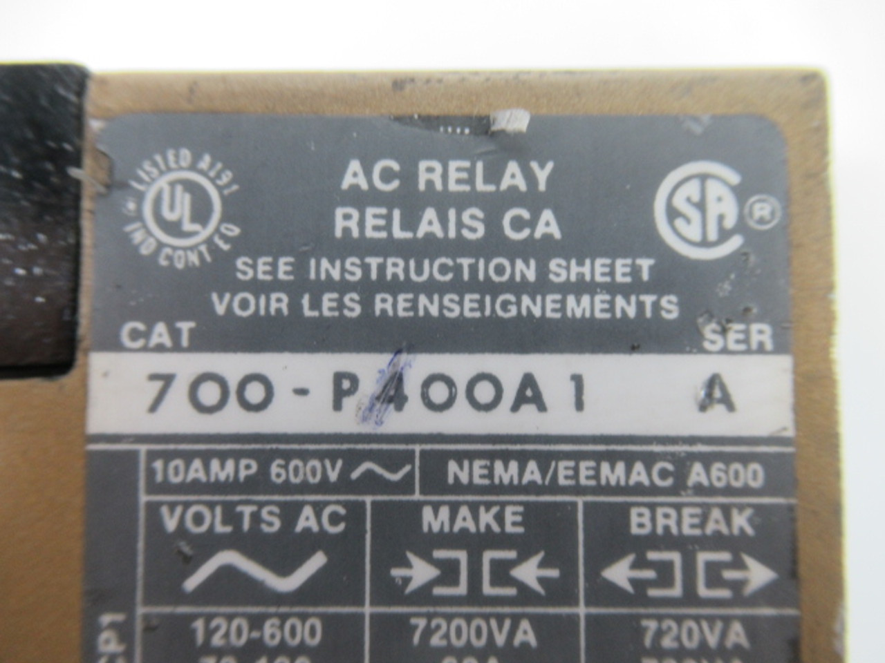Allen-Bradley 700-P200A1 AC Relay Series A 10A 600V COSMETIC DMG USED