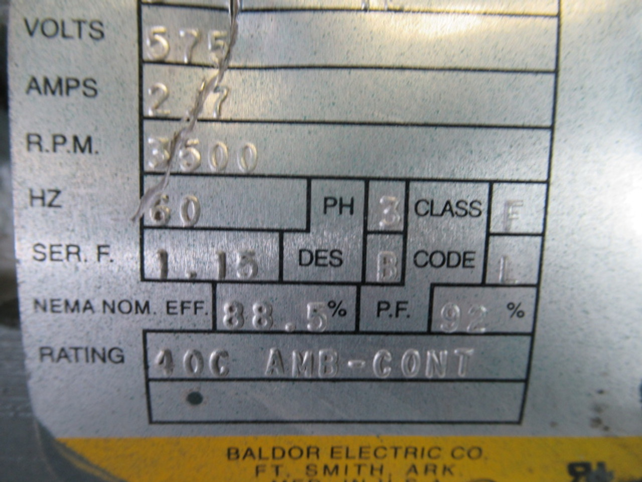 Baldor 3HP 3500RPM 575V 182T TEFC 3Ph 2.7A 60Hz USED
