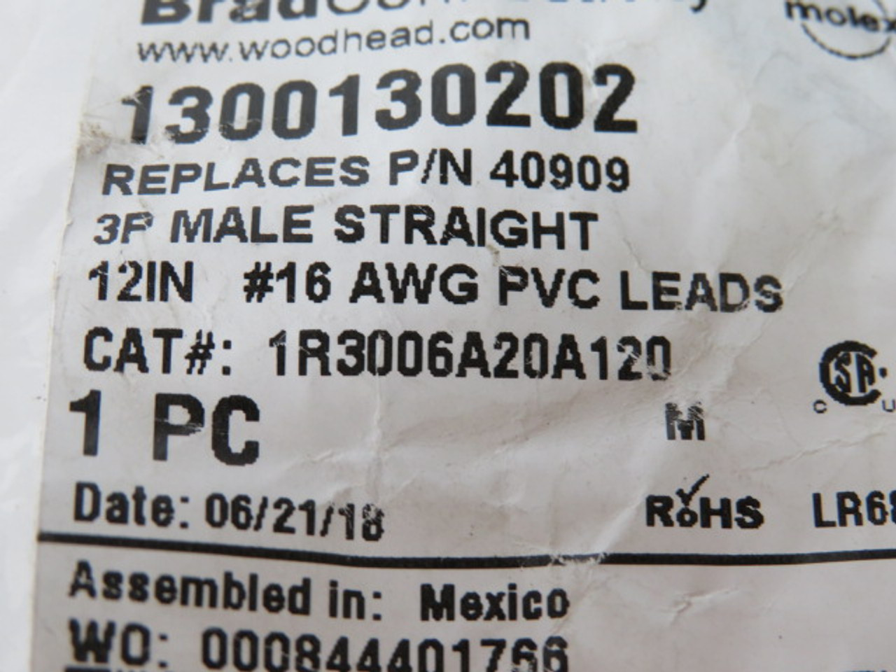 Brad Harrison 1R3006A20A120 Male Straight Receptacle 1/2"L 3P Male ! NOP !