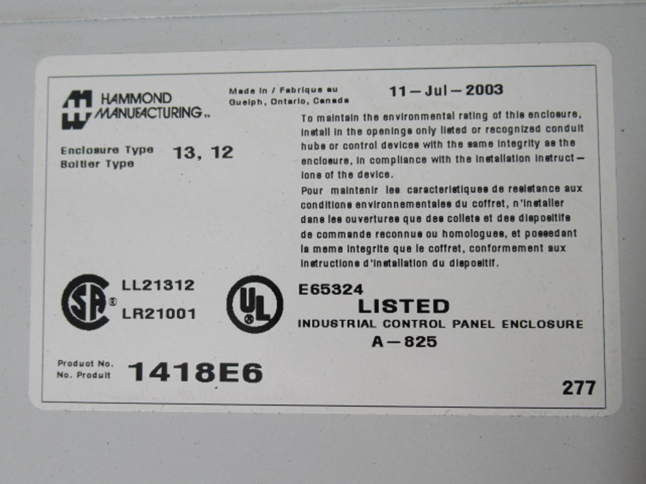 Hammond 1418E6 Wallmount Enclosure 24" L 20" W 6" H USED
