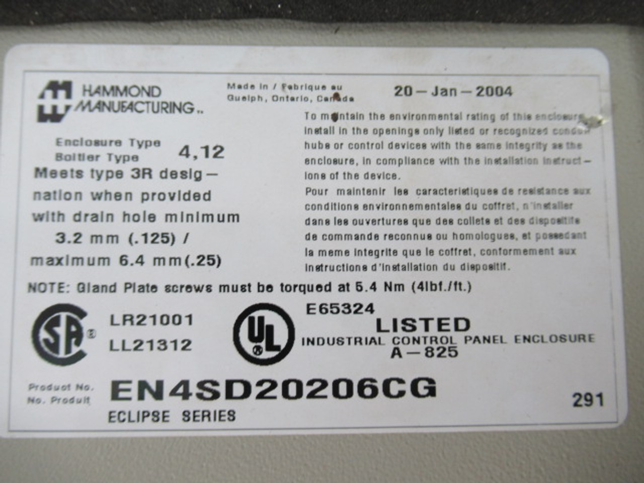 Hammond EN4SD20206CG Wallmount Enclosure 20" L 20" W 6" H USED