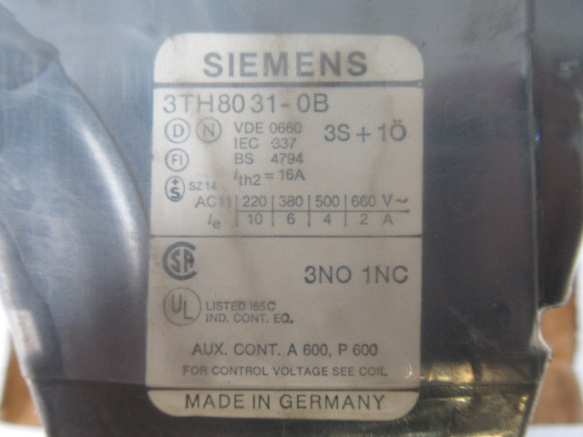 Siemens 3TH8031-0B Contactor 660V 16A 3 NO 1 NC Coil 24VDC NEW