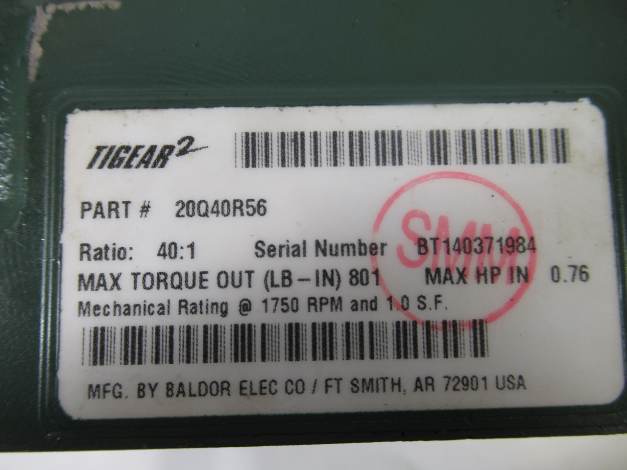 Dodge 20Q40R56 Right Angle Worm Gear Reducer 40:1 801LB-IN .76HP@1750rpm USED