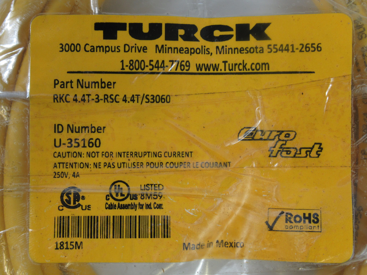 Turck RKC 4.4T-3-RSC 4.4T/S3060 Female M12 to Male M12 Cable 3M 250V 4A NWB