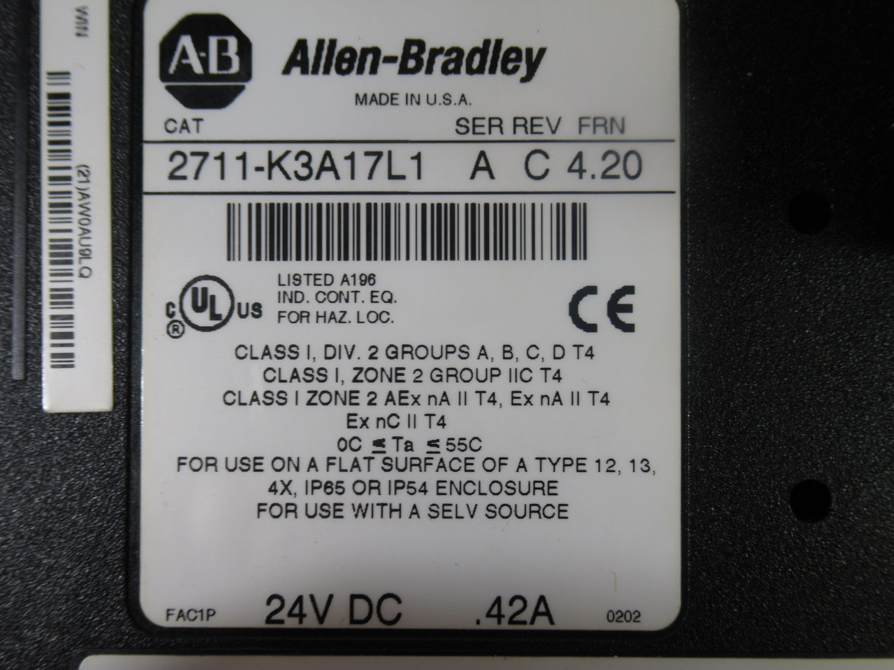 Allen-Bradley 2711-K3A17L1 Ser A Rev.C FRN4.20 PanelView 300 24VDC .42A USED