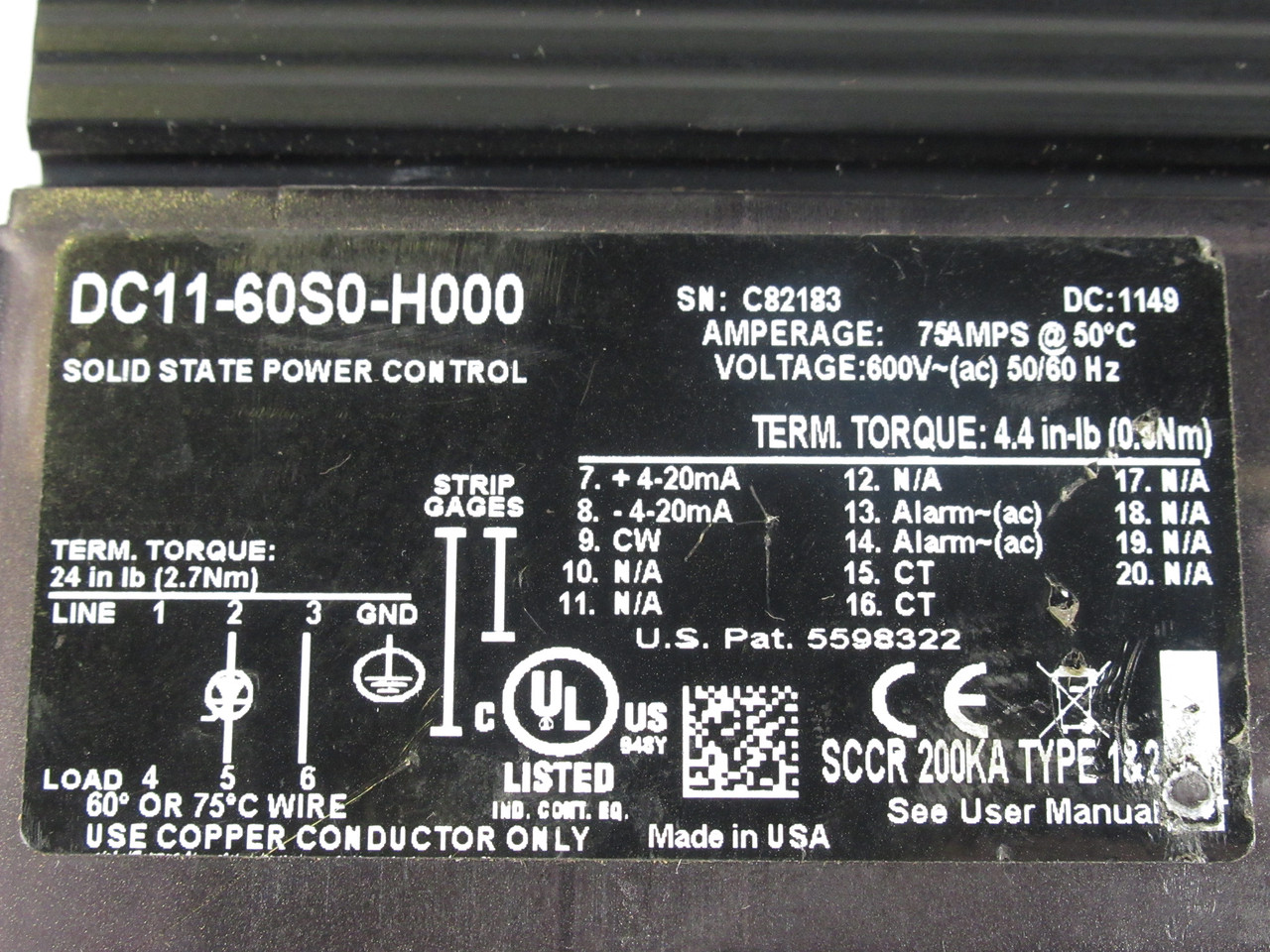 Watlow DC11-60S0-H000 Solid-State Power Controller 600V 75A  USED