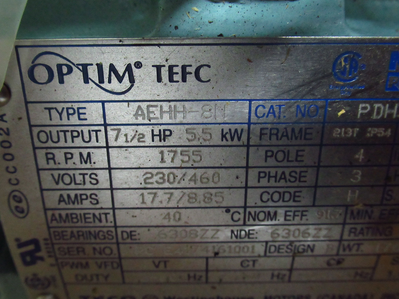 Teco-Westinghouse 7.5HP 1755RPM 230/460V 213T TEFC 3Ph 17.7/8.85A 60Hz ! NEW !