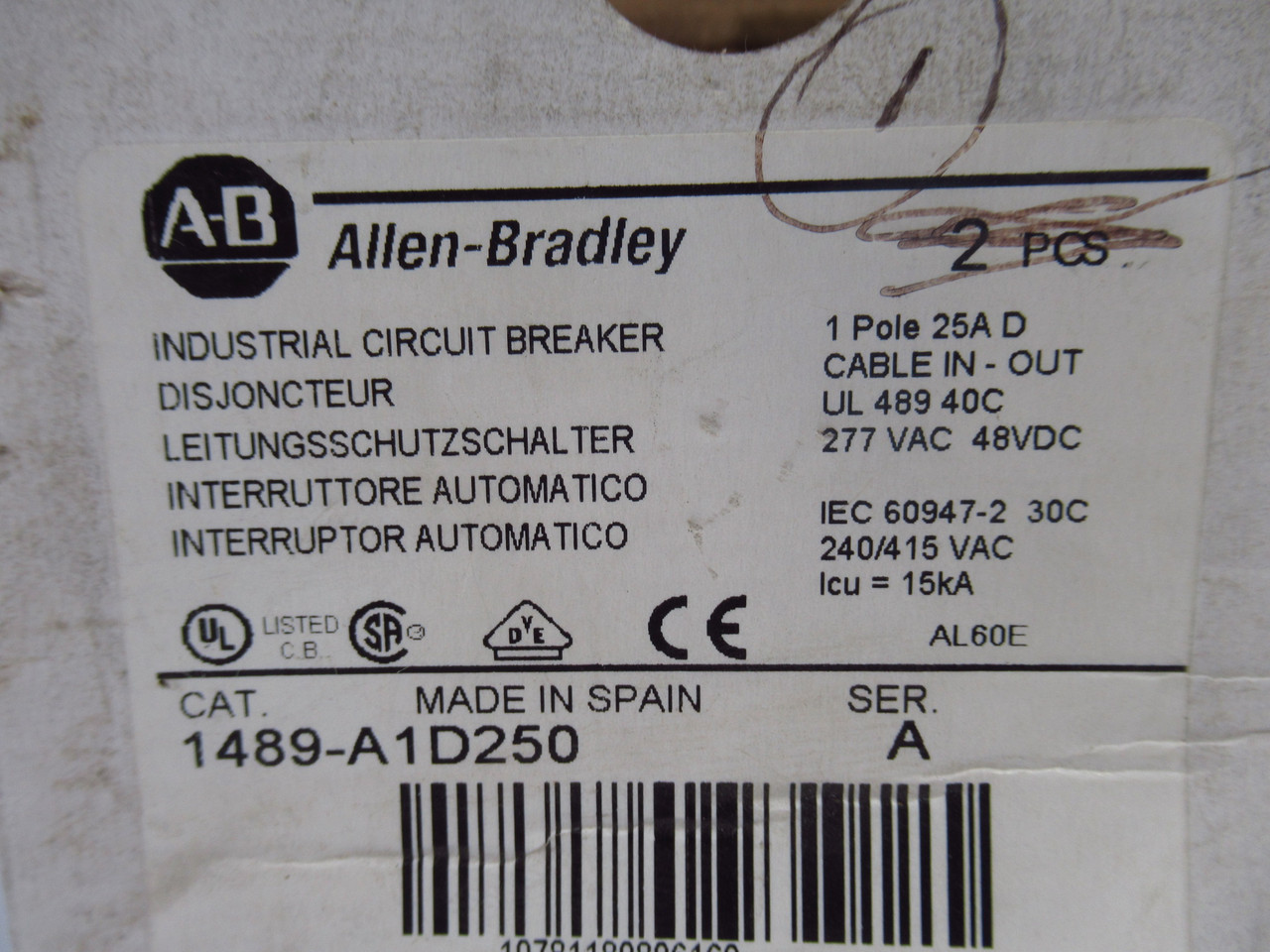 Allen-Bradley 1489-A1D250 Industrial Circuit Breaker SER A 25A 1P 1-Pack ! NEW !