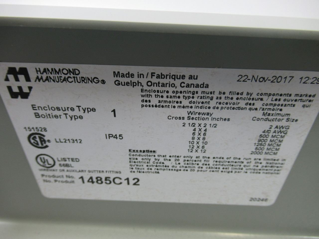 Hammond 1485C12 Grey Lay-In Wireway 4"x4"x12" USED