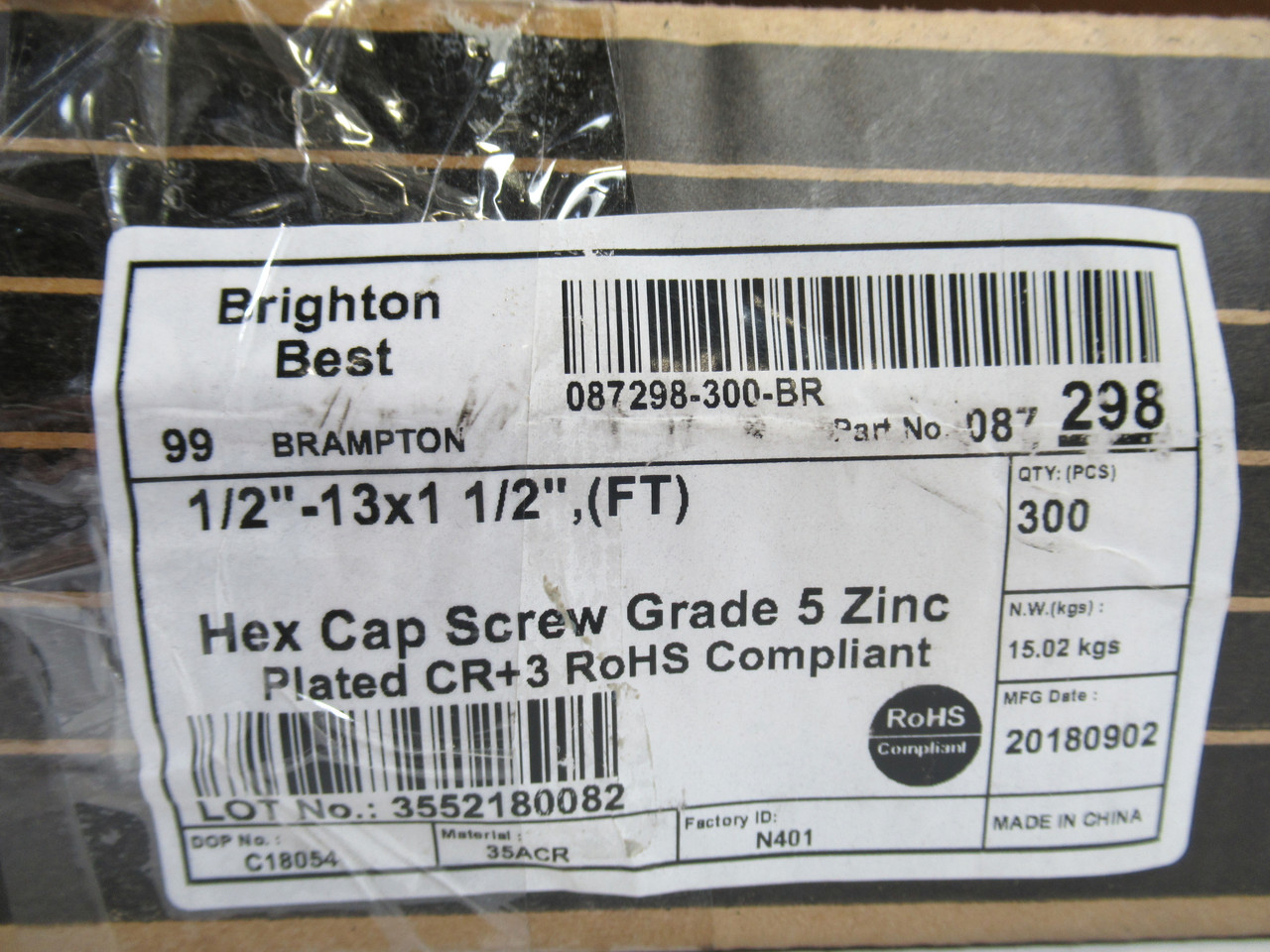 Brighton-Best 087298 Zinc Plated Hex Screw 1/2”-13x1-1/2"(FT) Lot of 200 ! NEW !