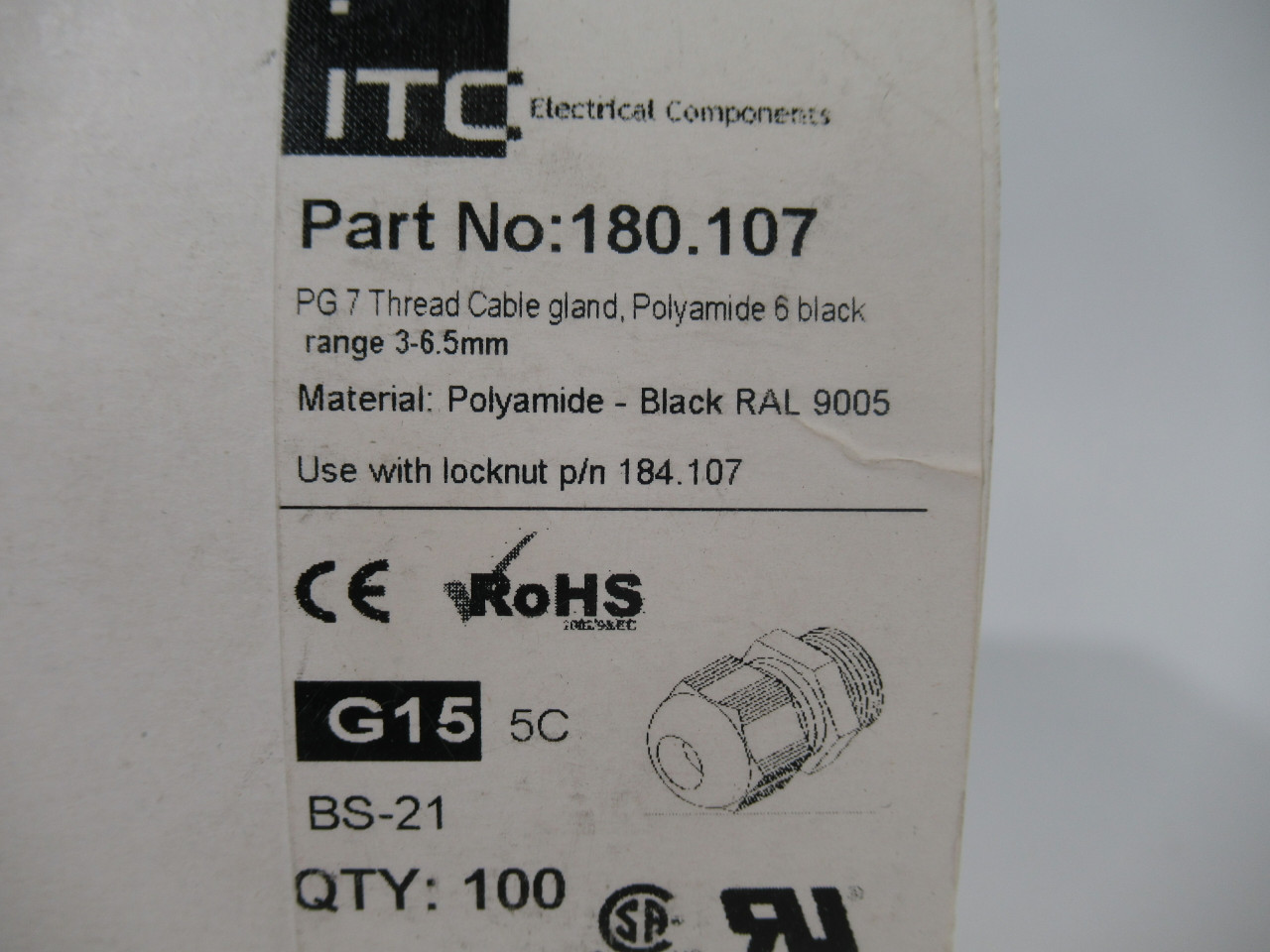 ITC 180.107 Cable Gland PG7 Thread 3-6.5mm Range Black LOT OF 88 NEW