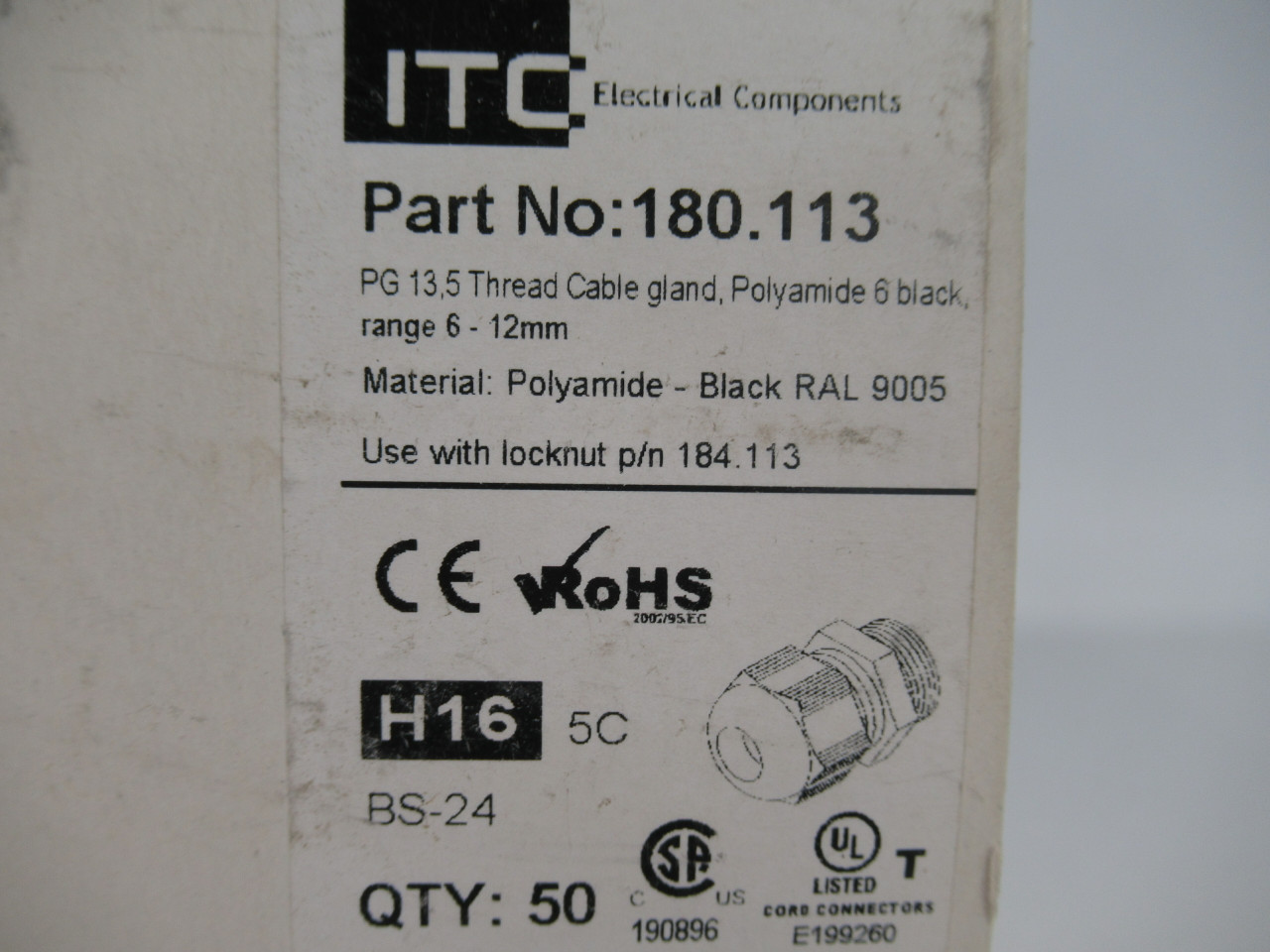 ITC 180.113 Cable Gland PG13.5 Thread 6-12mm Range Black 50Pk NEW