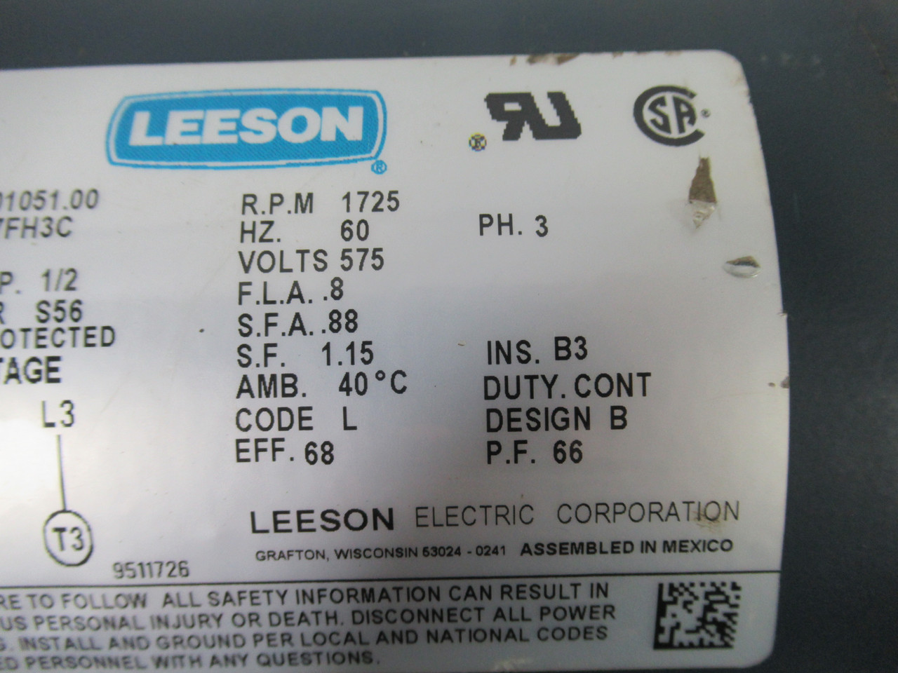 Leeson C4T17FH3C 1/2HP 1725rpm 575V S56 TEFC 3Ph .8A 60Hz USED
