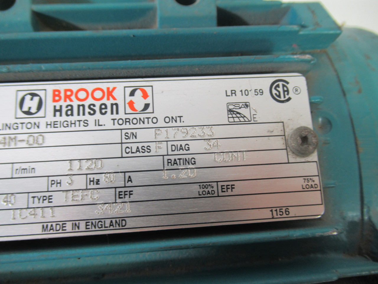 Brook Hansen 1825304M-00 .75HP 1120rpm 575Y DA56 TEFC 3Ph 1.20A 60Hz USED