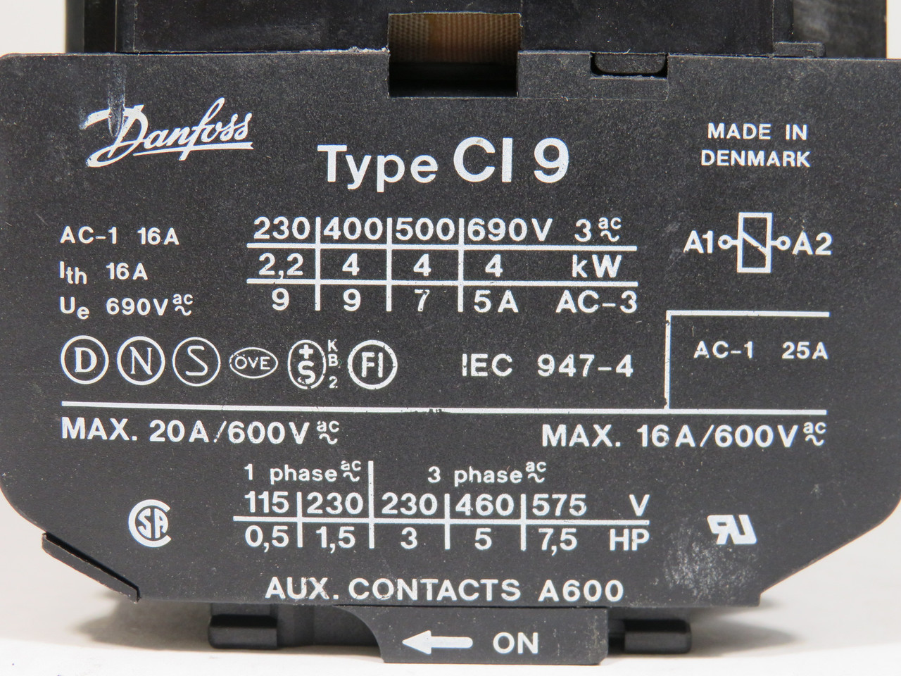 Danfoss 037H002132 CI 9 Contactor 16A 3P 220/230V 50Hz MISSING SCREWS USED