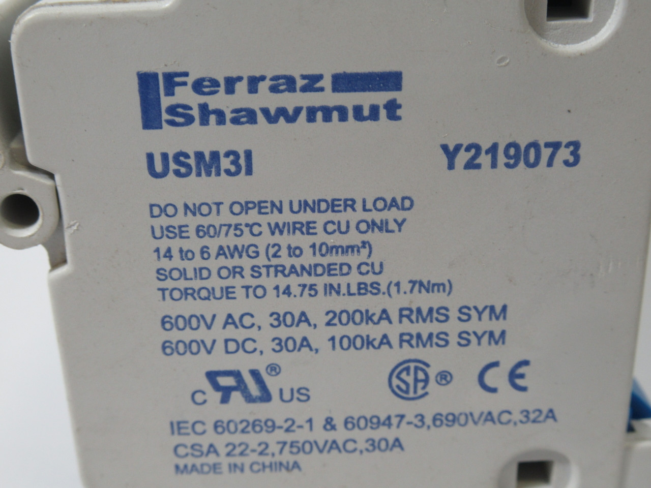 Ferraz Shawmut USM3I Red Indicator Fuse Holder 30A 600V 3 Pole USED