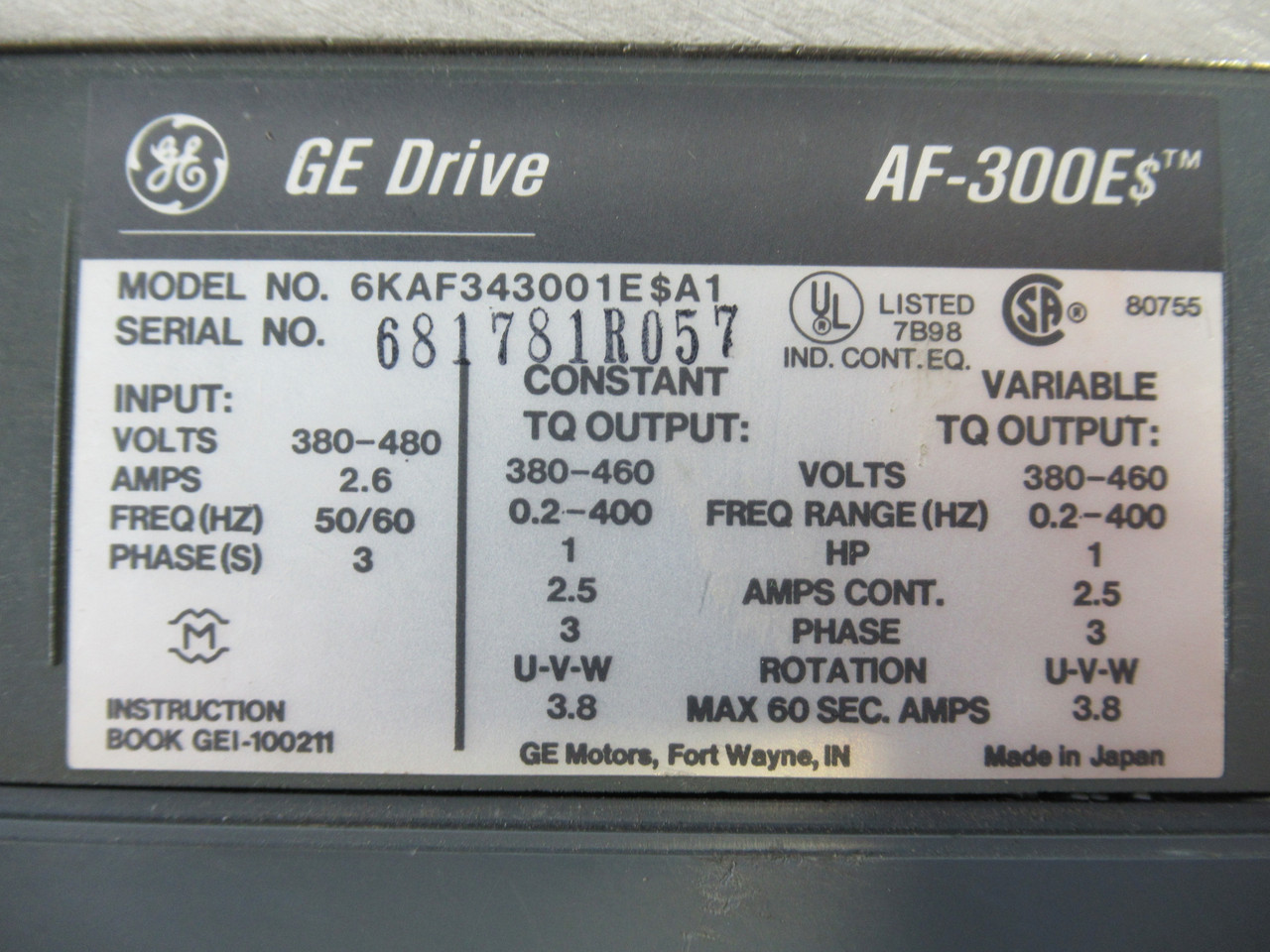 GE Drive 6KAF343001E$A1 Drive 1HP 3Ph 380-460V 2.5A BROKEN PARTS USED