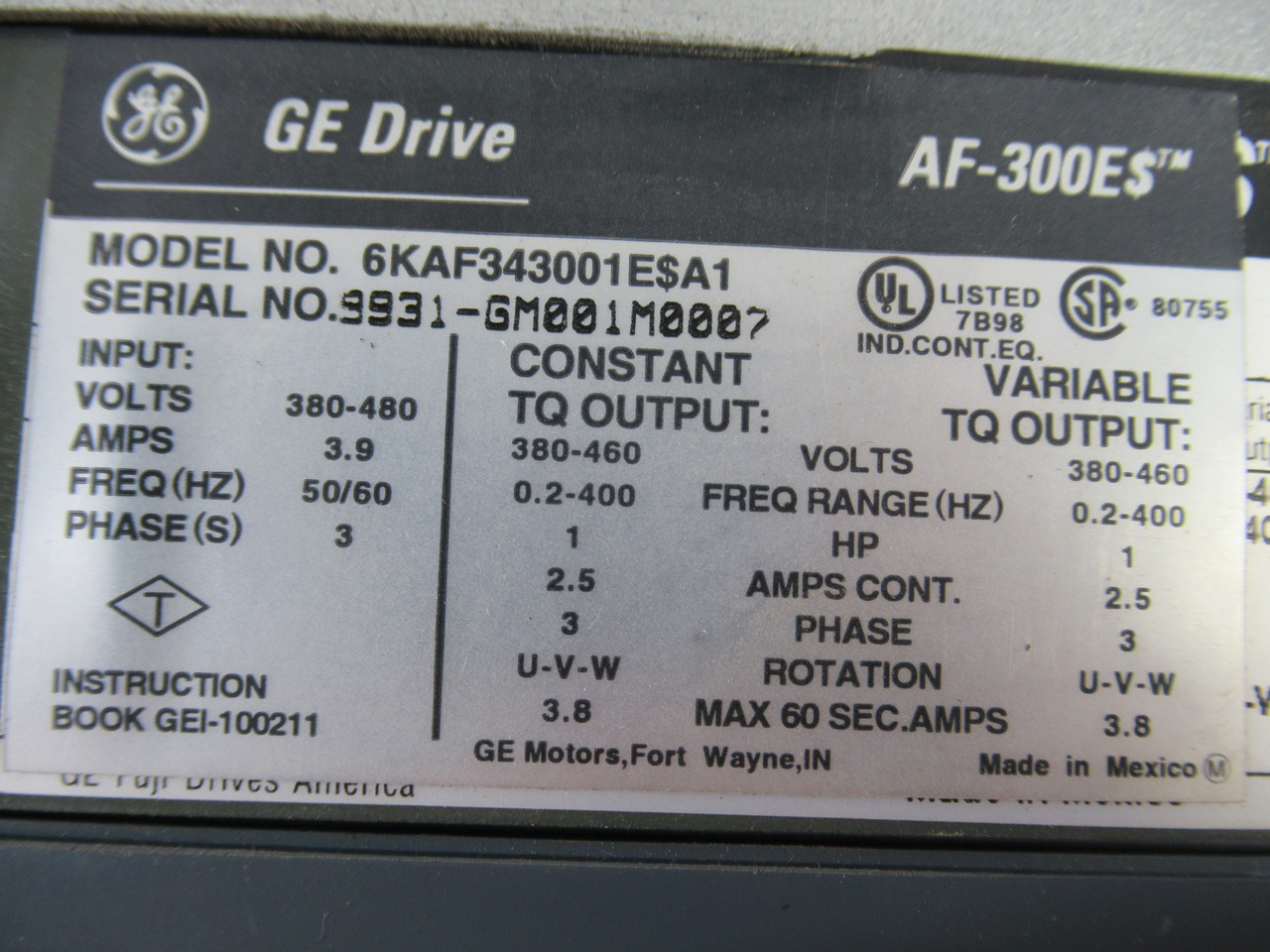 GE Drive 6KAF343001E$A1 Drive 1HP 3Ph 380-460V 2.5A 0.2-400Hz ! RFB !