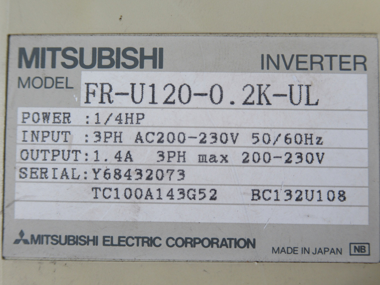 Mitsubishi FR-U120-0.2K-UL Inverter Drive MISSING COVERS & SHELF WEAR AS IS