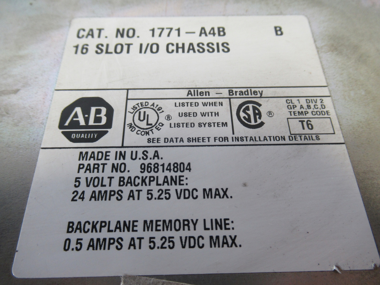 Allen-Bradley 1771-A4B 16-Slot I/O Chassis Ser B 96814804 24A@5.25VDC USED