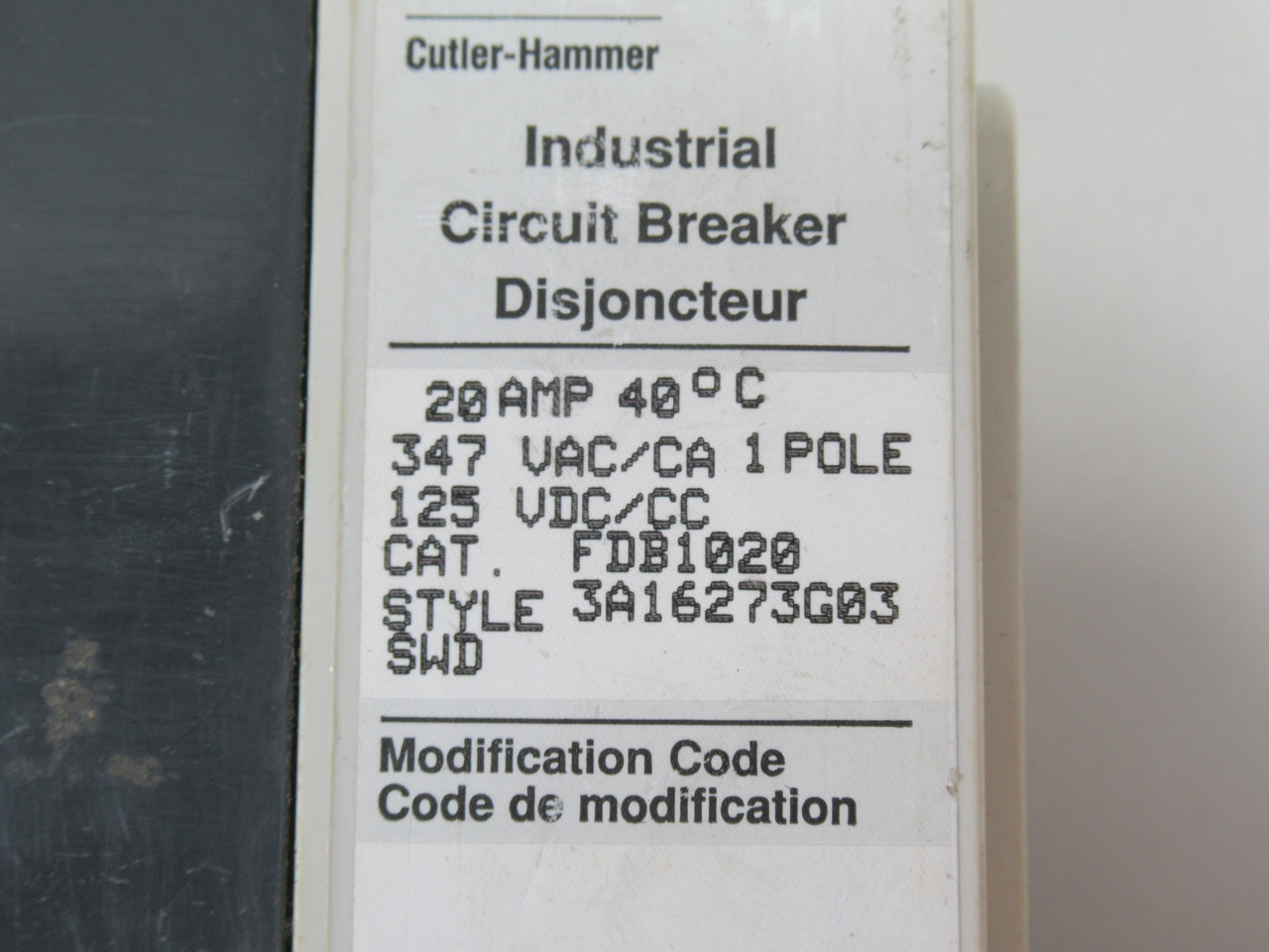 Cutler-Hammer FDB1020 Circuit Breaker W/O Lock 20A 347VAC 125VDC 1P USED