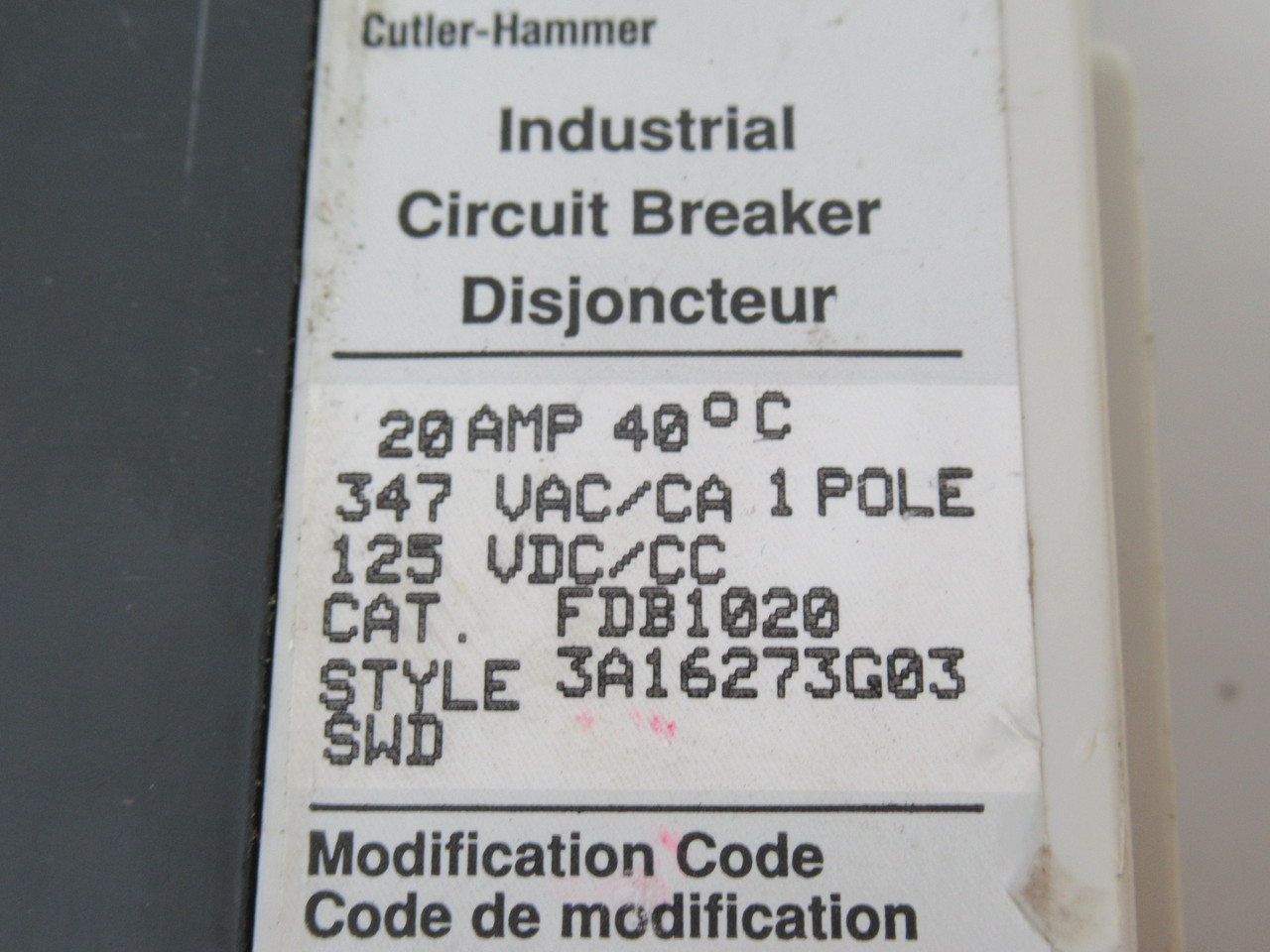 Cutler-Hammer FDB1020 Circuit Breaker W/O Lock 20A 347VAC COSMETIC DMG USED