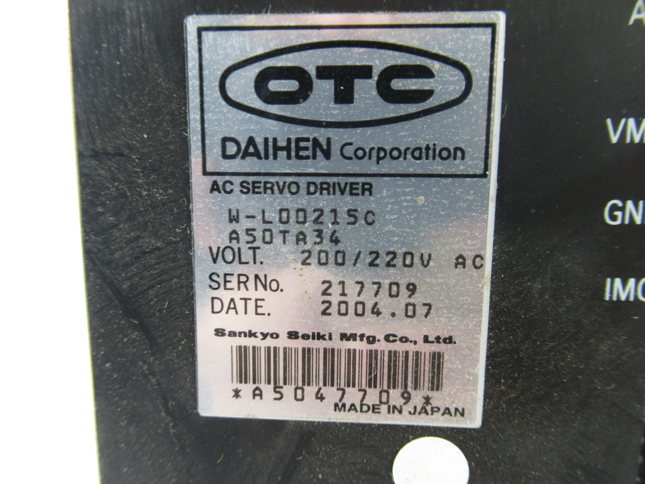 Daihen W-L00215C AC Servo Driver 10A Fuse BROKEN CLIP & NO PLUGS USED