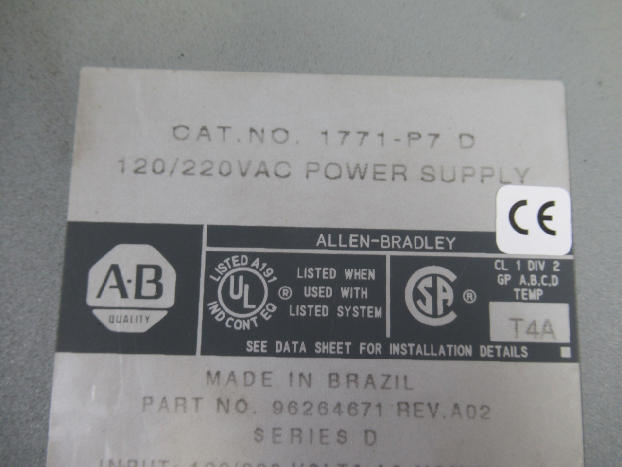 Allen-Bradley 1771-P7 AC Power Supply SER D REV A02 96264671 5VDC 16A USED