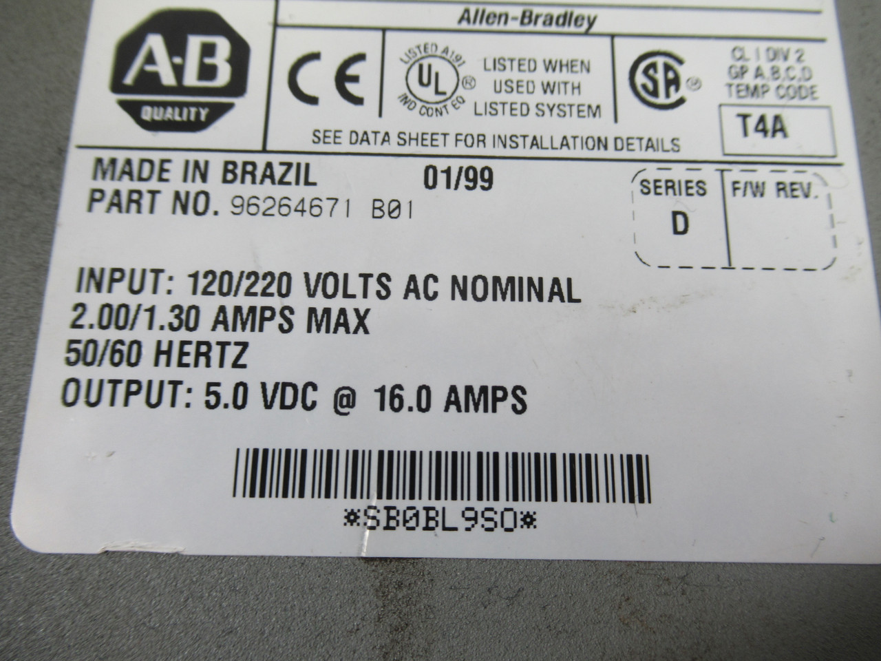Allen-Bradley 1771-P7 AC Power Supply SER D REV A04 MISSING WIRE COVER USED