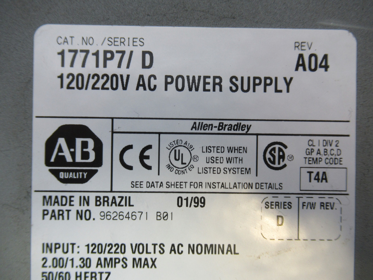 Allen-Bradley 1771-P7 AC Power Supply SER D REV A04 MISSING WIRE COVER USED