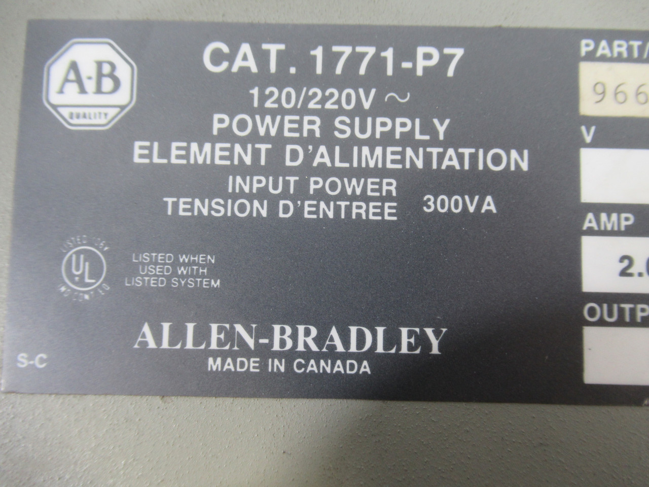 Allen-Bradley 1771-P7 AC Power Supply 5VDC 966799-01 MISSING WIRE COVER USED
