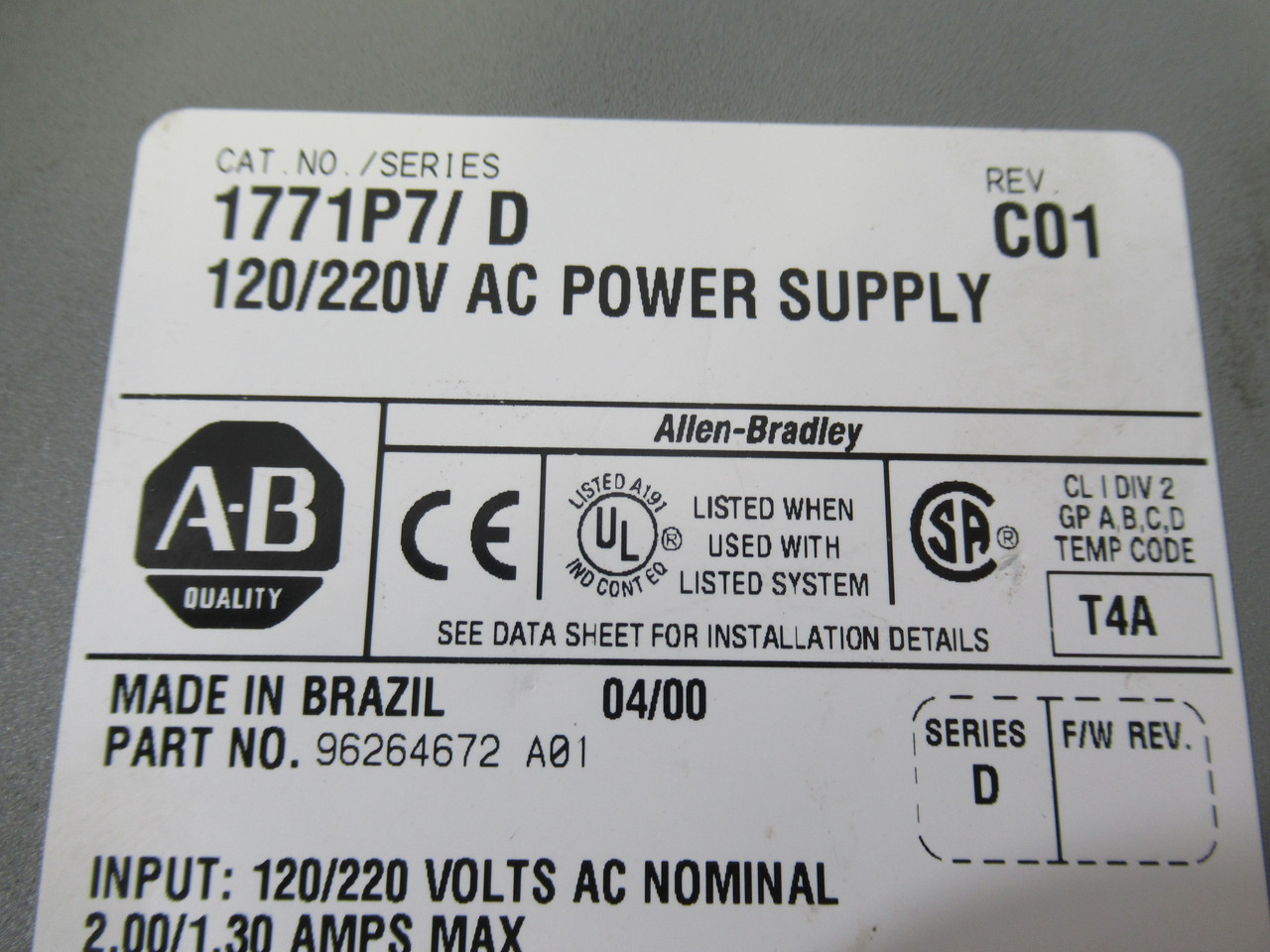 Allen-Bradley 1771-P7 AC Power Supply SER D REV C01 96264672-A01 5VDC USED