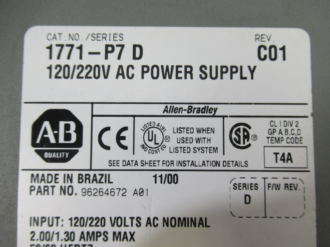 Allen-Bradley 1771-P7 AC Power Supply SER D MISSING WIRE COVER & CLIPS USED