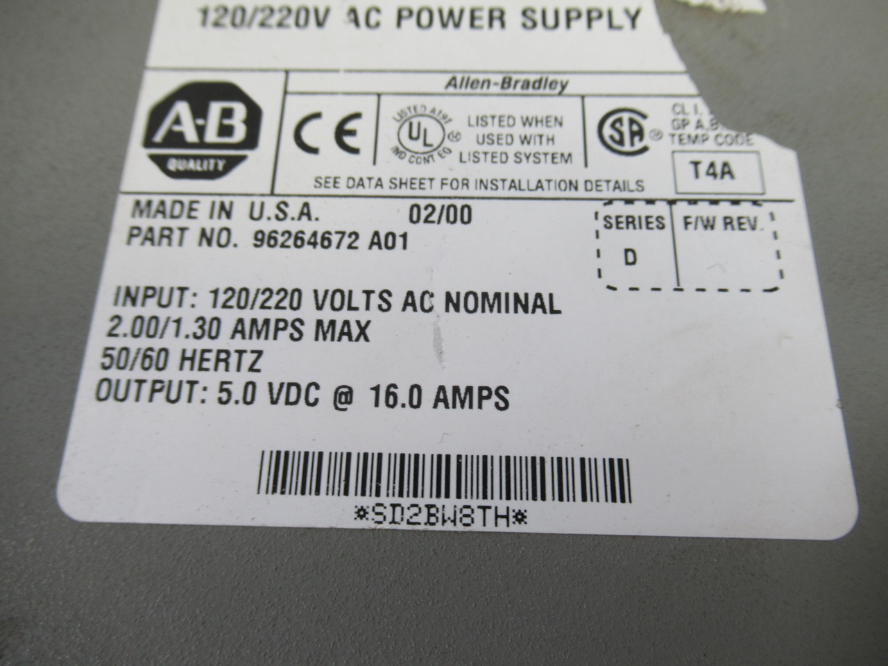 Allen-Bradley 1771-P7 AC Power Supply SER D REV C01 MISSING WIRE COVER USED