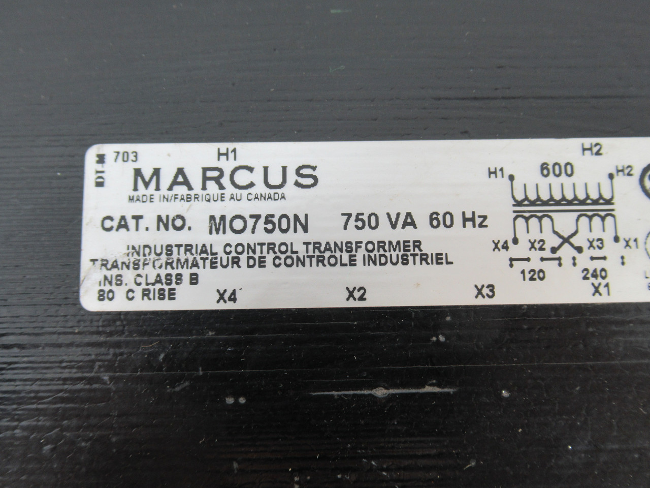 Marcus MO750N Transformer 750VA Pri. 600V Sec. 120/240V 60Hz 1Ph USED