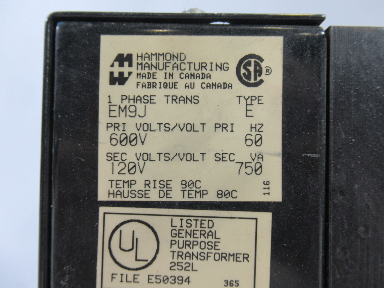 Hammond EM9J Transformer 750VA Pri. 600V@60Hz Sec. 120V 1 Ph USED