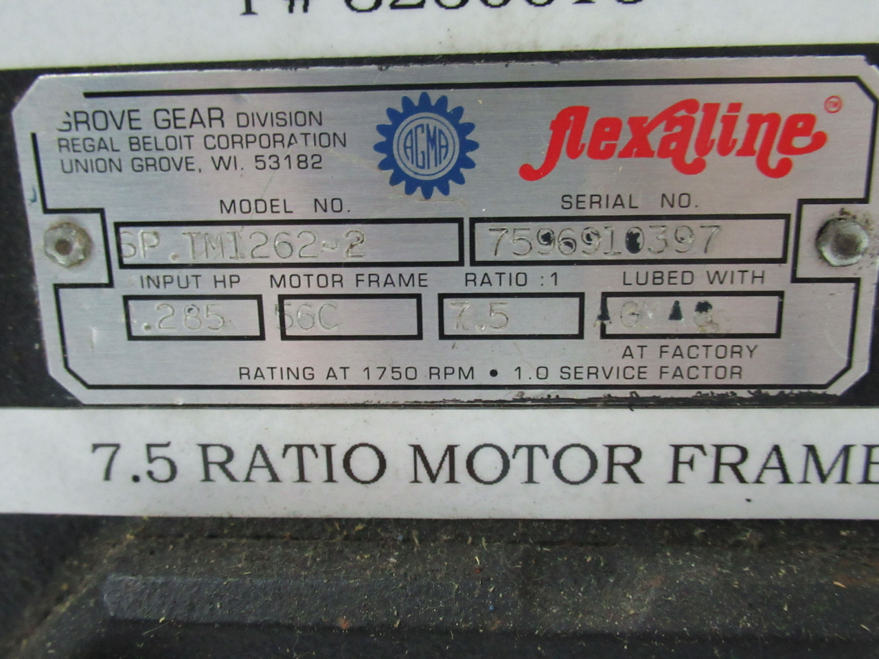 Grove Gear Flexaline SP.TM1262-2 Gear Reducer 7.5:1 Ratio 4.285HP Input USED