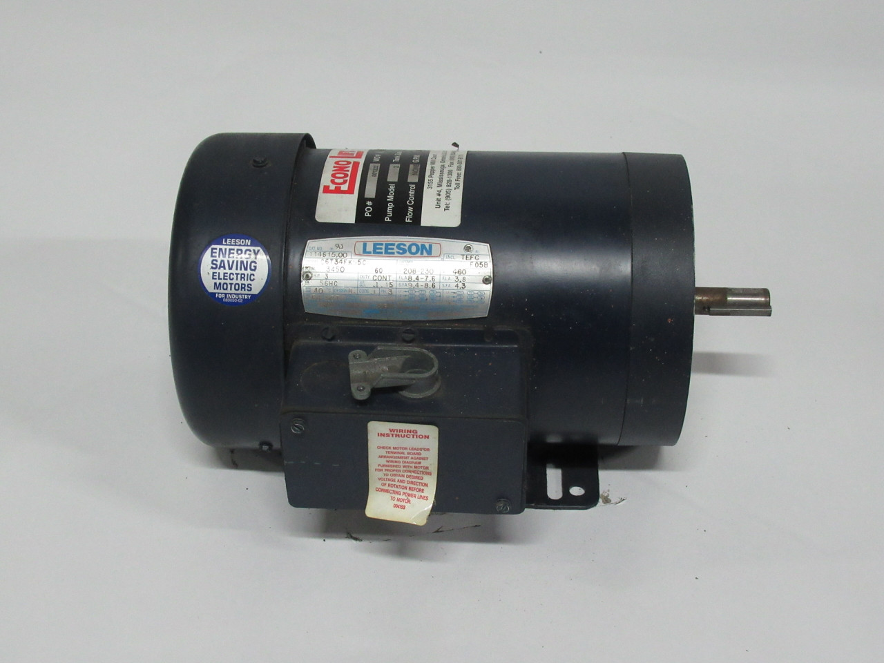 Leeson 3HP 3450RPM 208-230/460V 56HC TEFC 3Ph 8.4-7.6/3.8A 60Hz USED