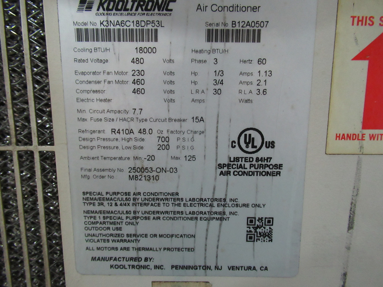 Kooltronic K3NA6C18DP53L Air Conditioner 18000 BTU/H 480V ! AS IS !