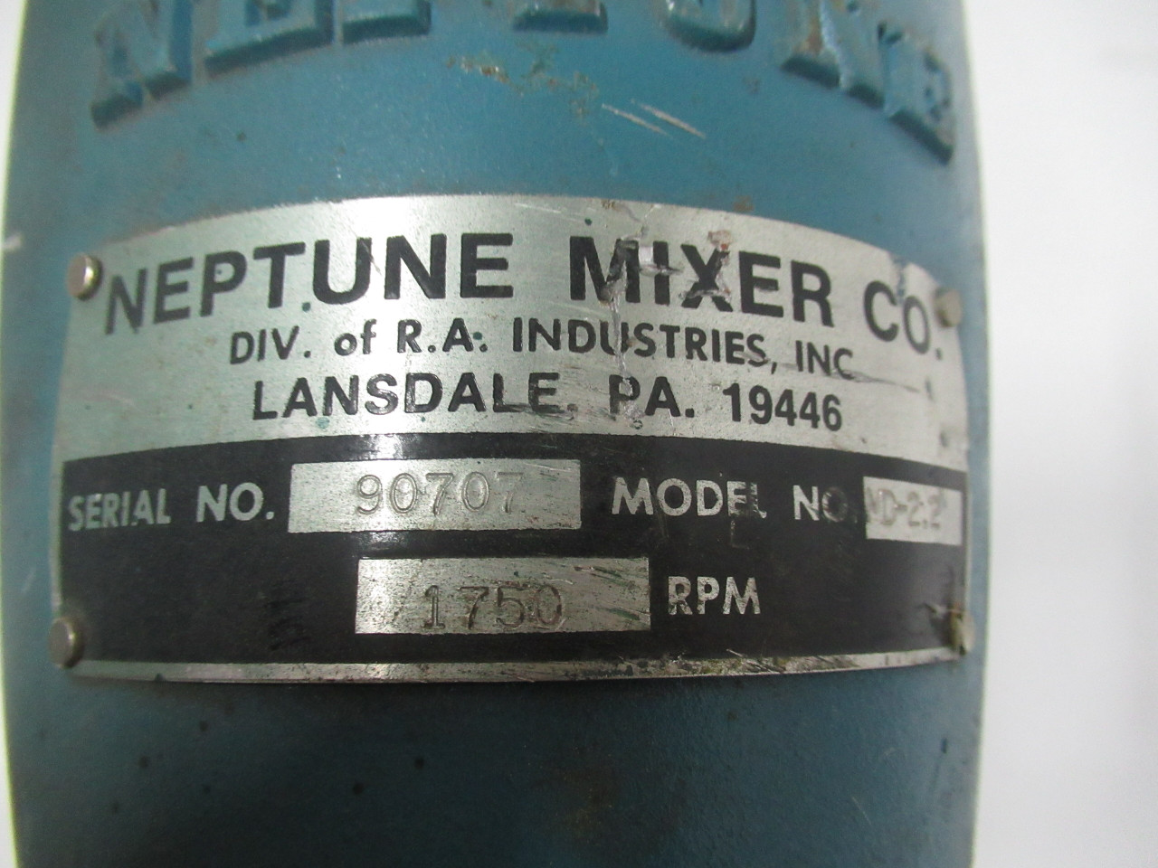 Neptune Mixer Co MD-2.2 Mixer 1750RPM C/W Motor MISSING MIXER HEAD USED