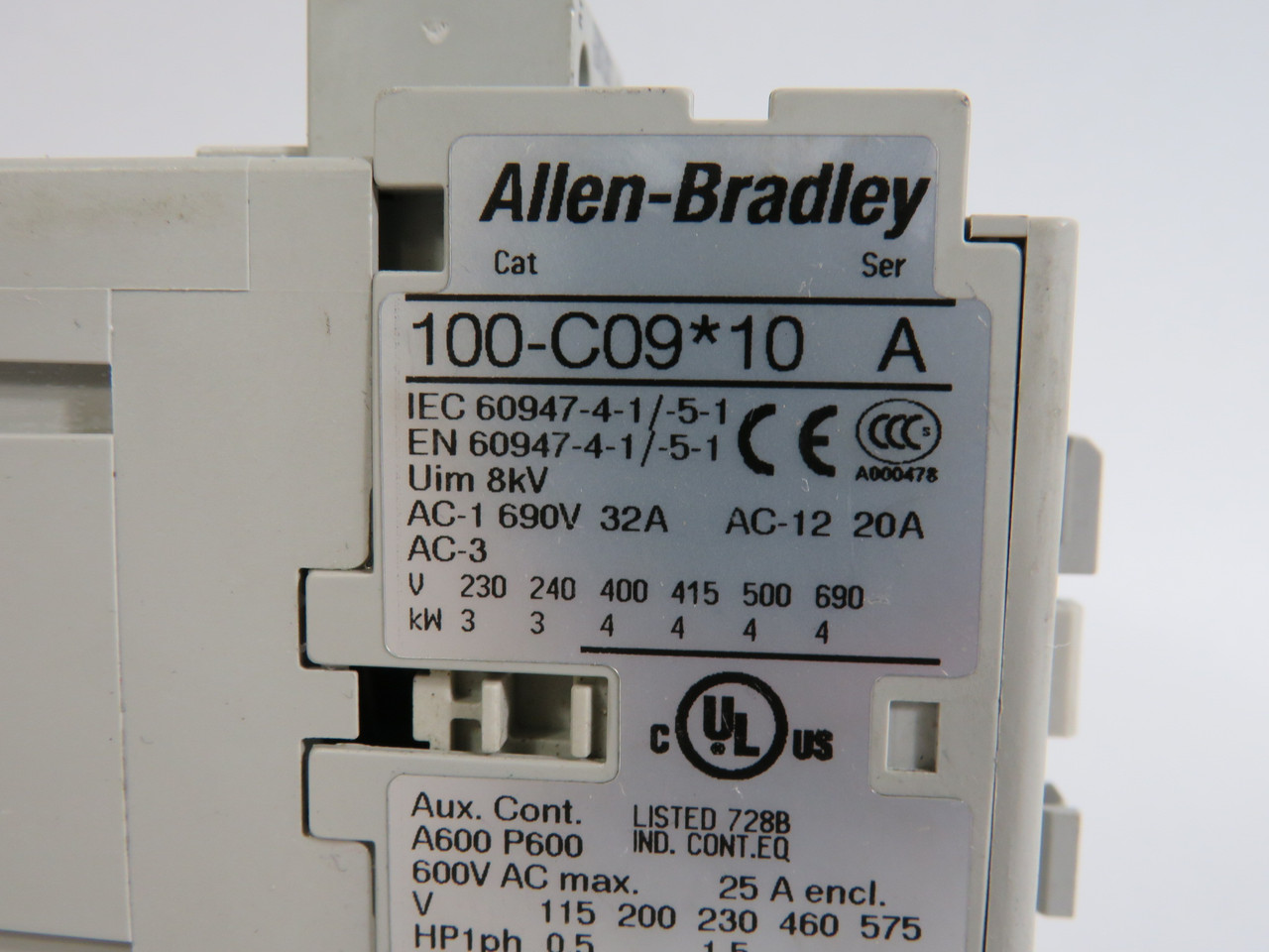 Allen-Bradley 100-C09D10 Contactor SER A 110/120V 50/60Hz  AC-12 20A USED