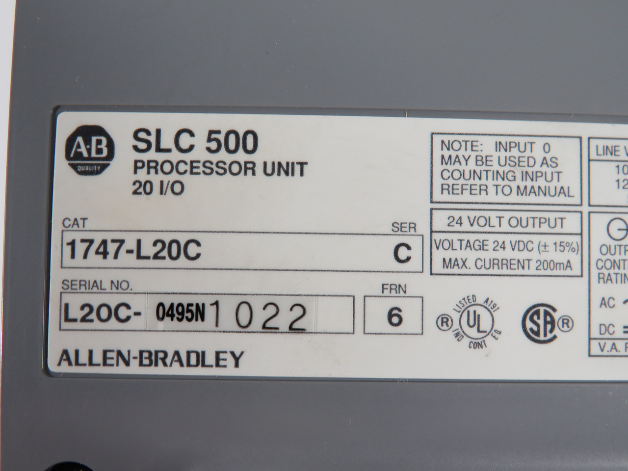 Allen-Bradley 1747-L20C Processor Unit SER C FRN 6 MISSING WIRE COVER USED