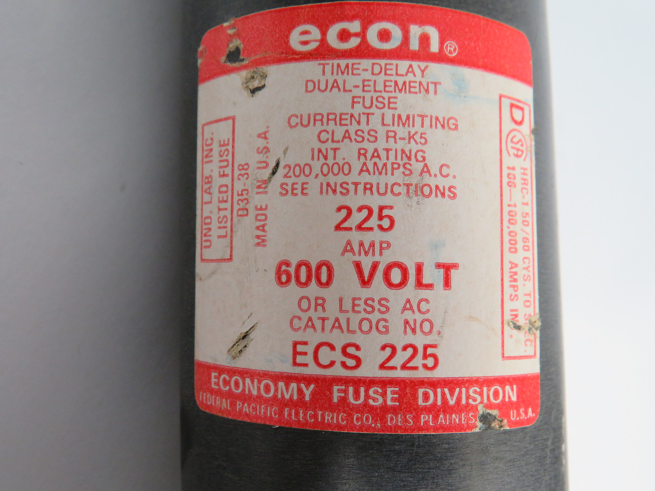 Econ ECS-225 Time Delay Fuse 225A 600V 1 Solid 1 Hook Blade USED