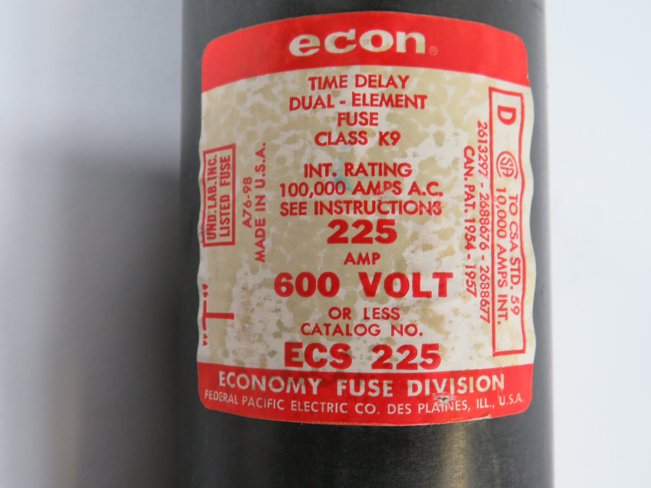 Econ ECS-225 Time Delay Dual Element Fuse 225A 600V 2 Solid Blades USED