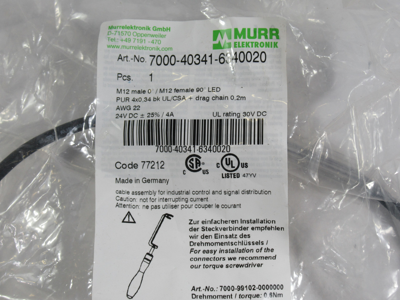 Murrelektronik 7000-40341-6340020 Connecting Cable 24VDC 4A 0.2m NWB