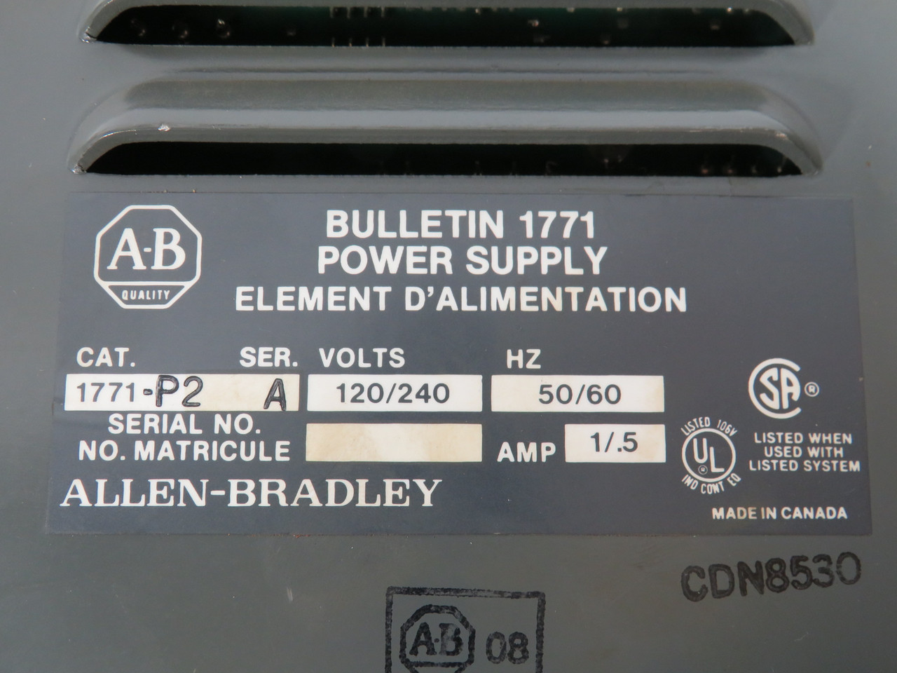 Allen-Bradley 1771-P2 Power Supply SER A 75VA 120/240V 1/0.5A 50/60Hz USED